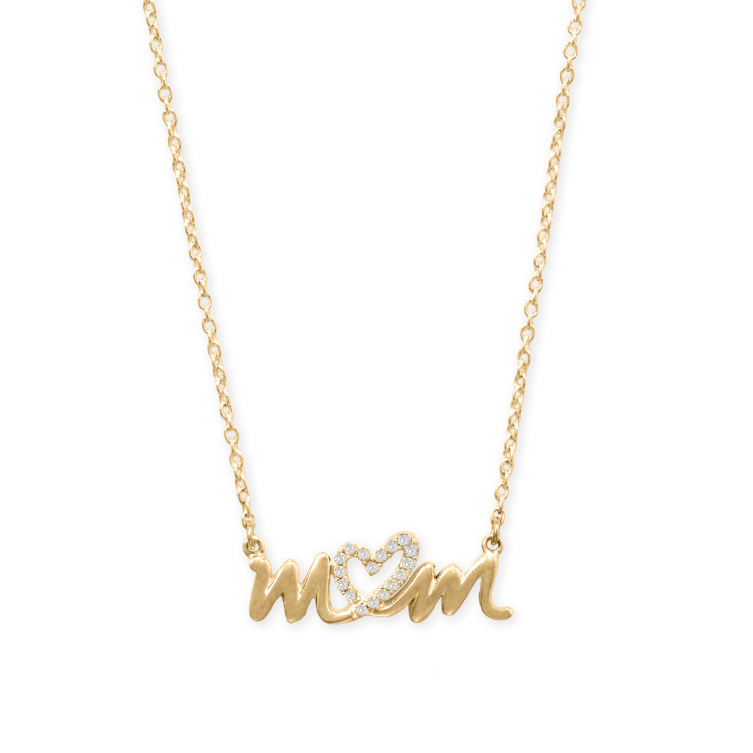 16" + 2" 14 Karat Gold Plated CZ Heart "mom" Necklace