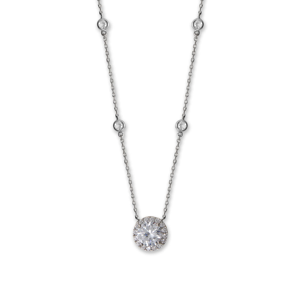 15" + 2" Rhodium Plated 8mm Halo CZ and Bezel CZ Necklace