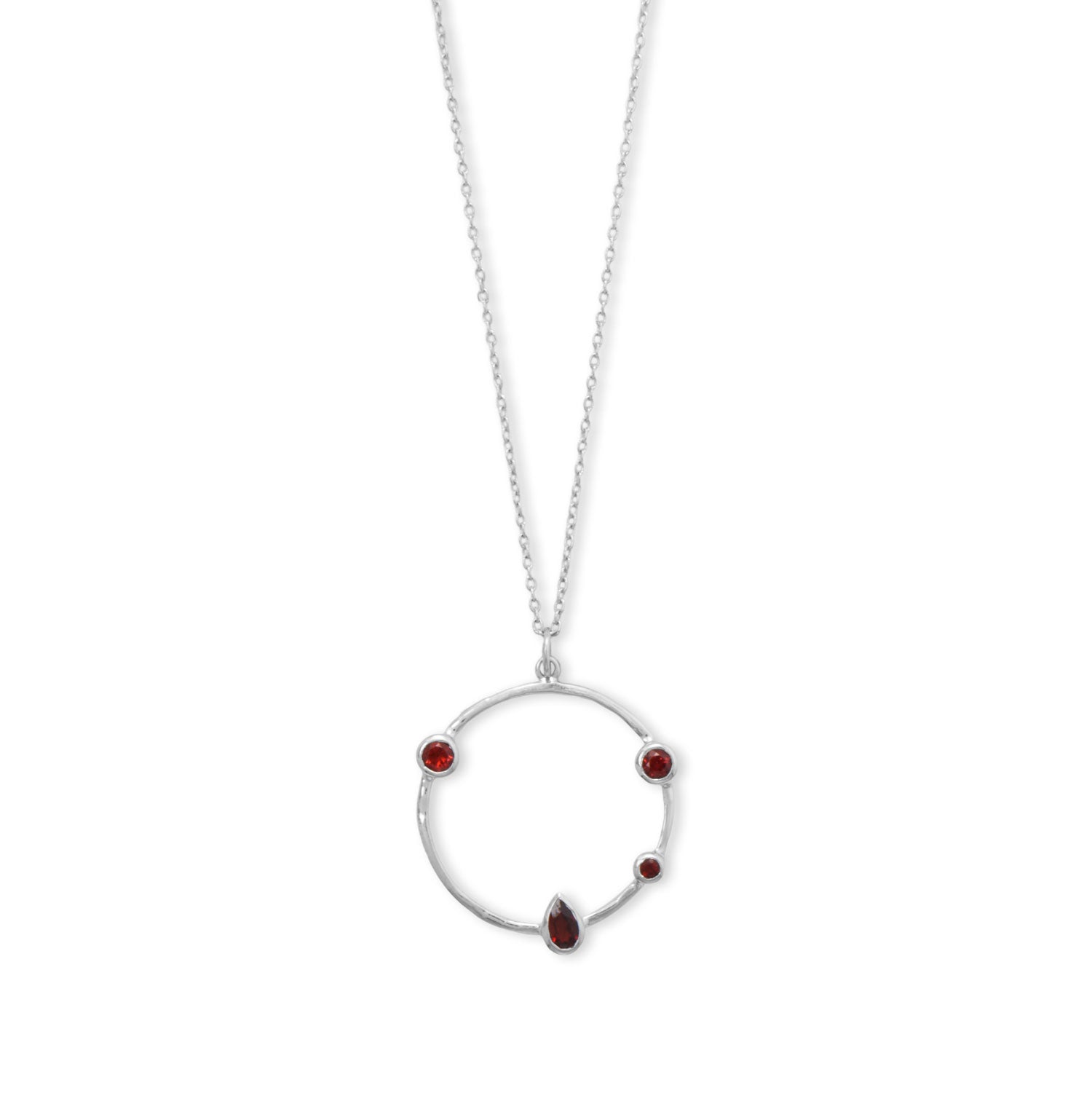 16" + 2" Rhodium Plated Garnet and Hammered Circle Necklace