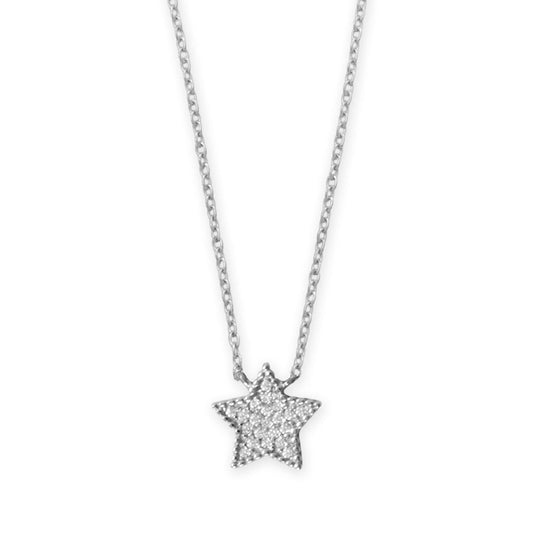 16" + 2" Rhodium Plated Pave CZ Star Necklace
