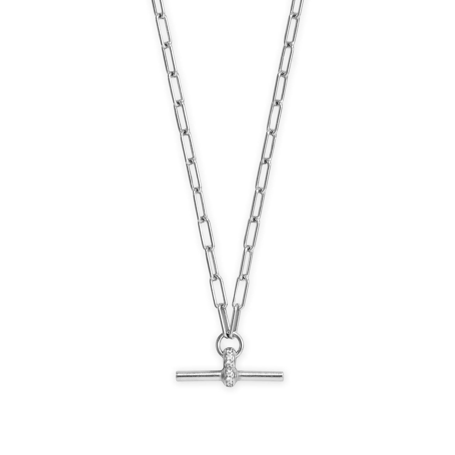 16" + 2" Rhodium Plated CZ Decorated Toggle Bar Necklace
