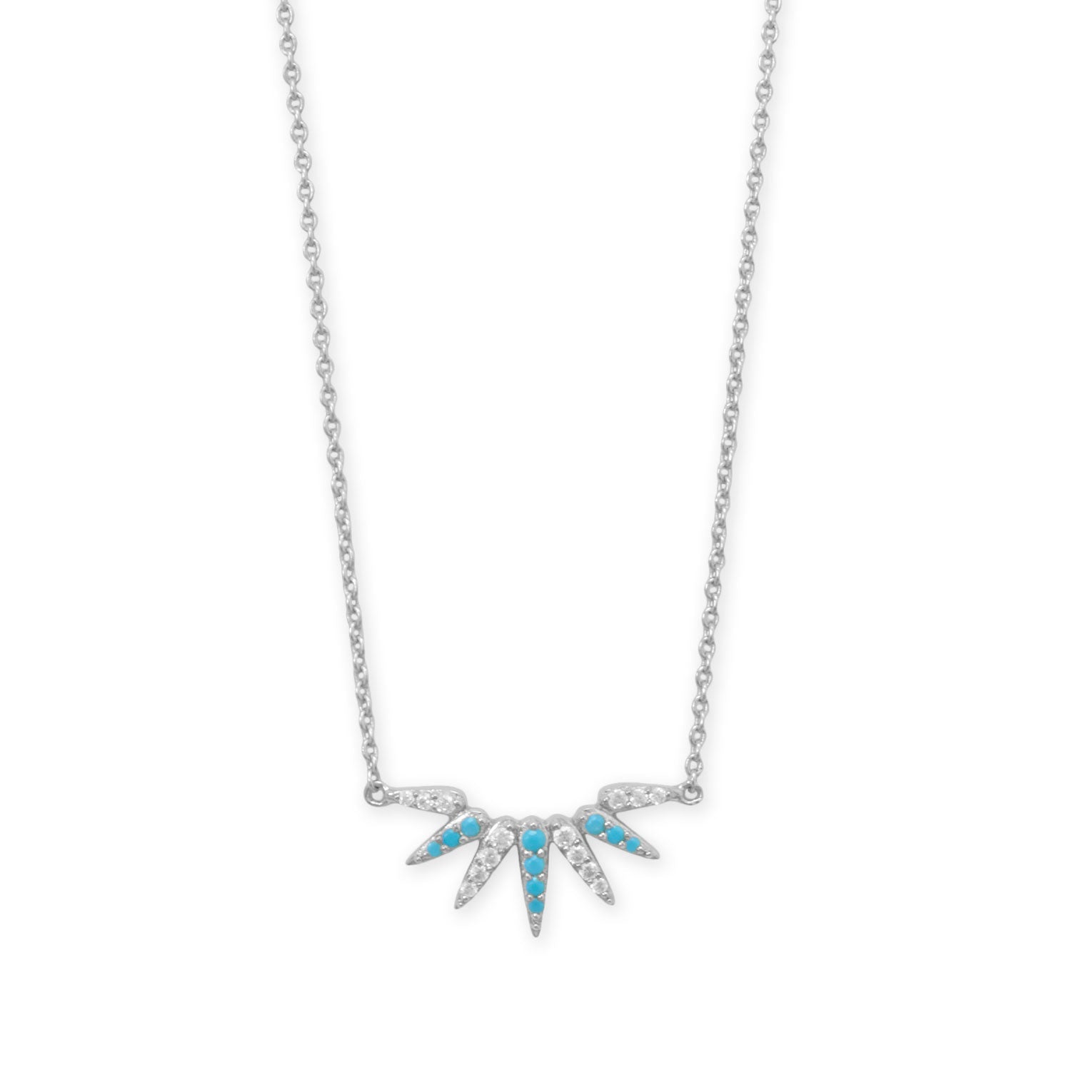 16" + 2" Rhodium Plated Synthetic Turquoise and CZ Spike Necklace