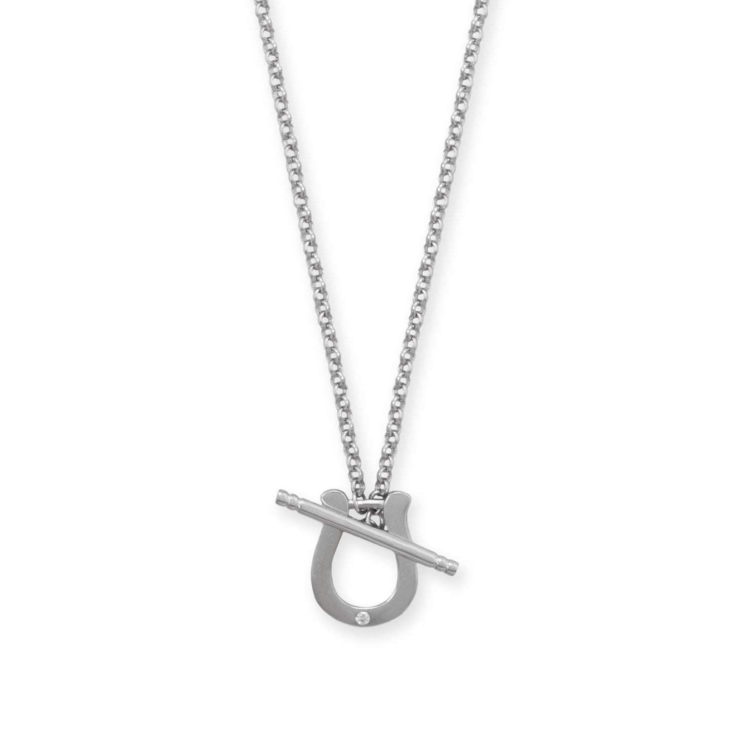 16" Rhodium Plated CZ Horseshoe Toggle Necklace