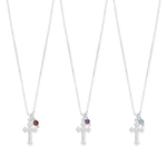 16" Birthstone and Ornate Cross Charm Necklace (All Months)