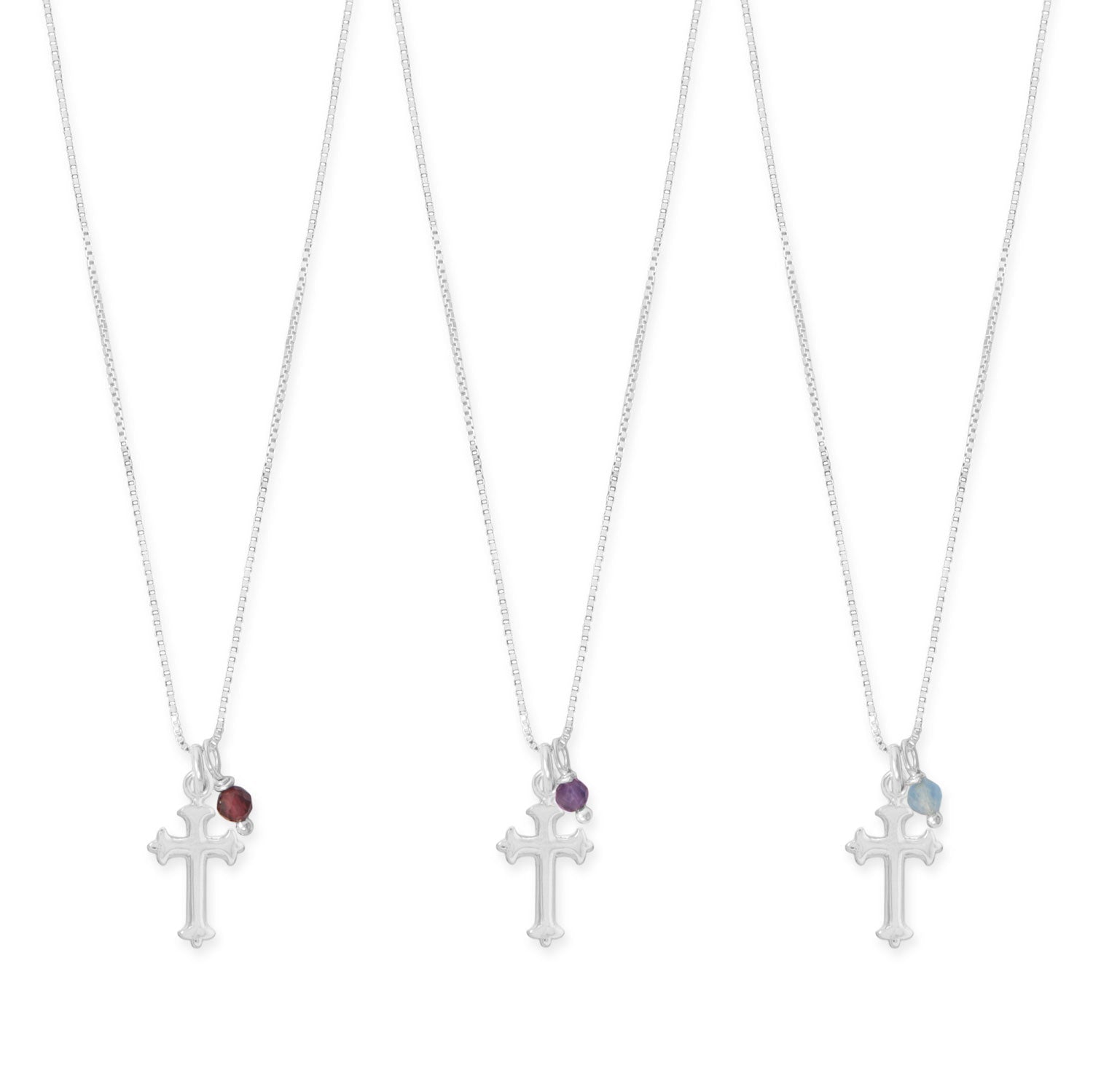 16" Birthstone and Ornate Cross Charm Necklace (All Months)