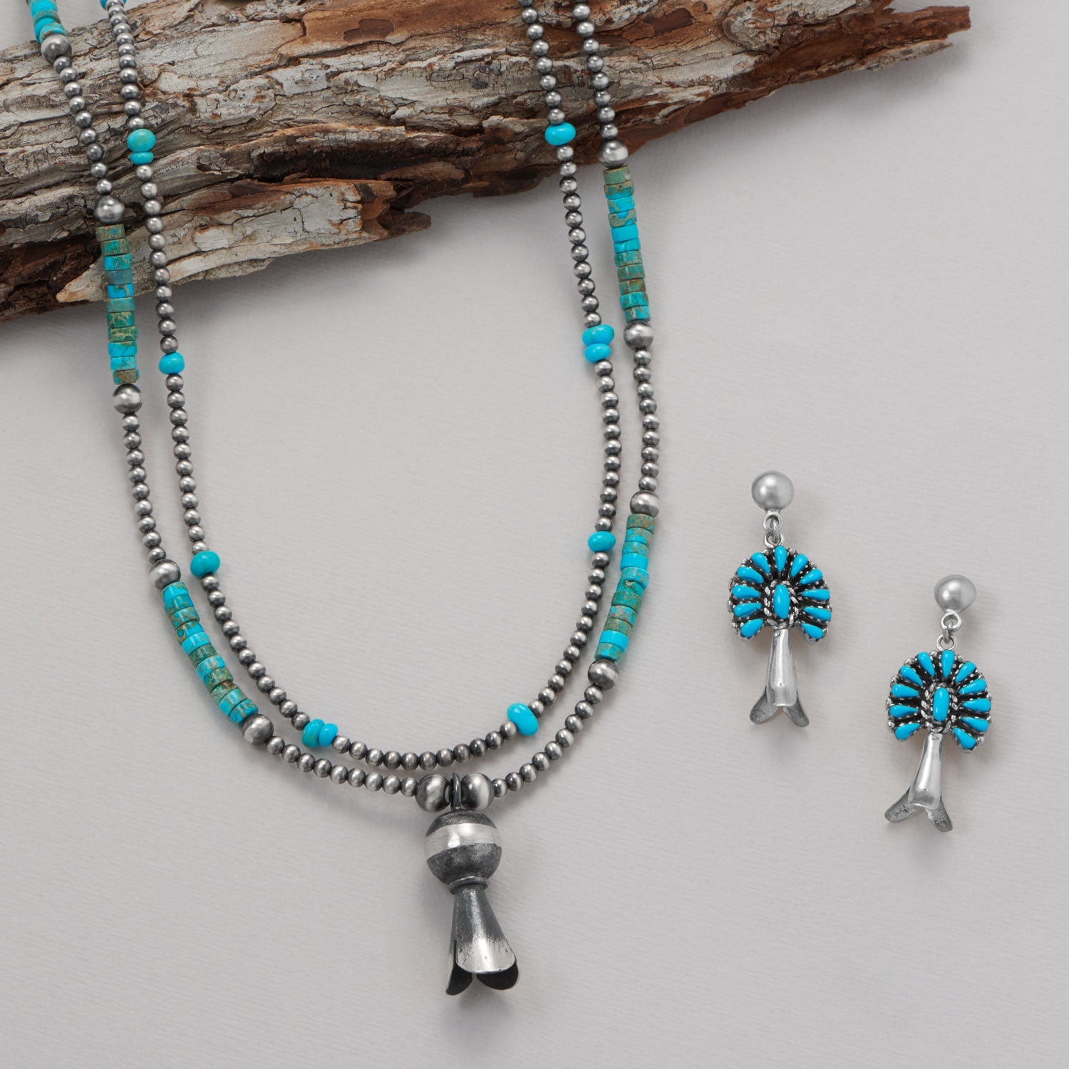 18" Turquoise Heishi, Oxidized Bead and Squash Blossom Necklace