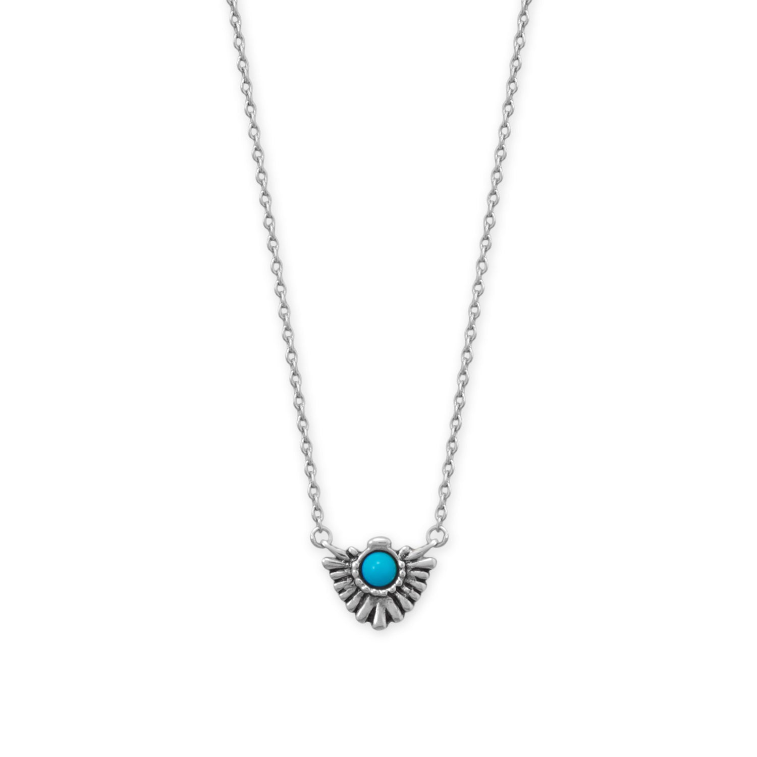 16" + 2" Rhodium Plated Oxidized Fan with Imitation Turquoise Necklace