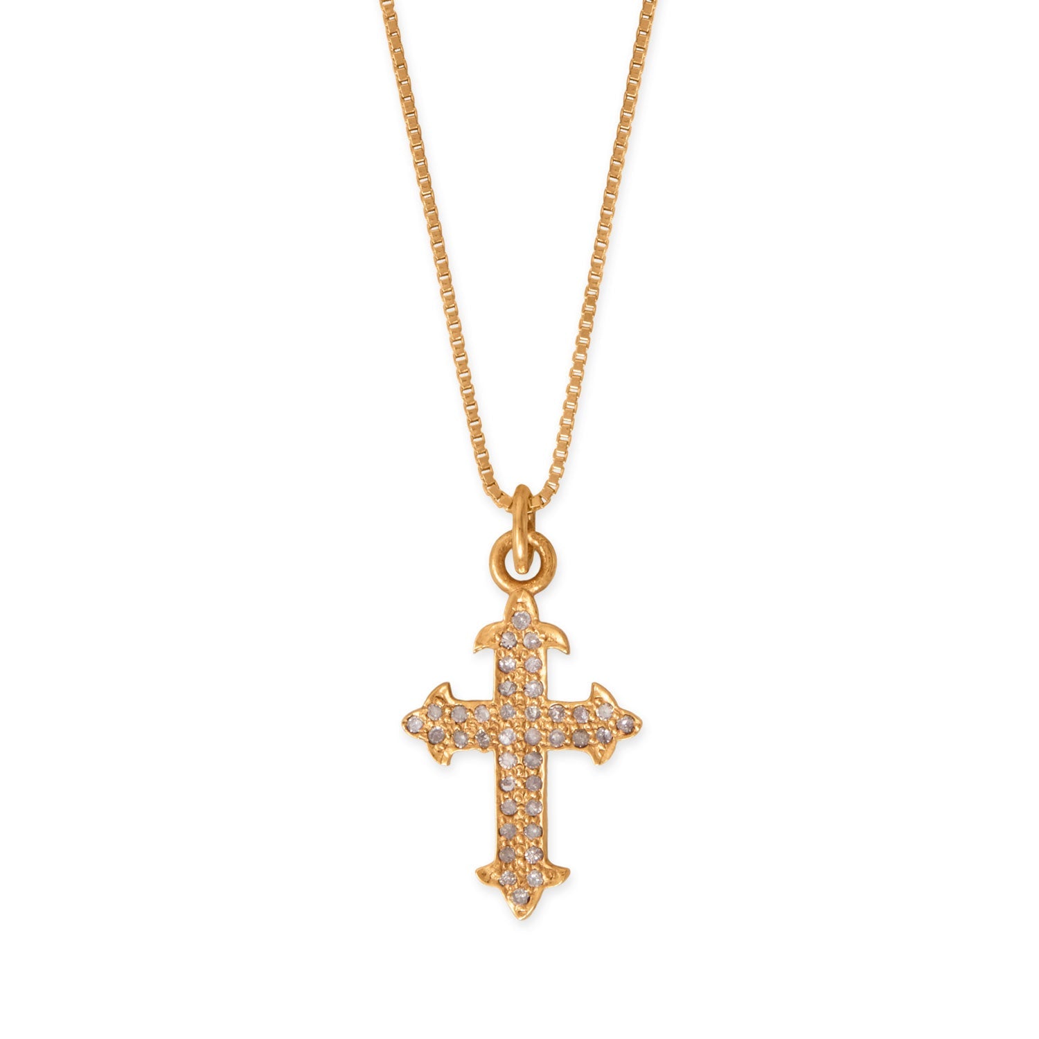 18" 14 Karat Gold Plated Diamond Studded Ornate Cross Necklace