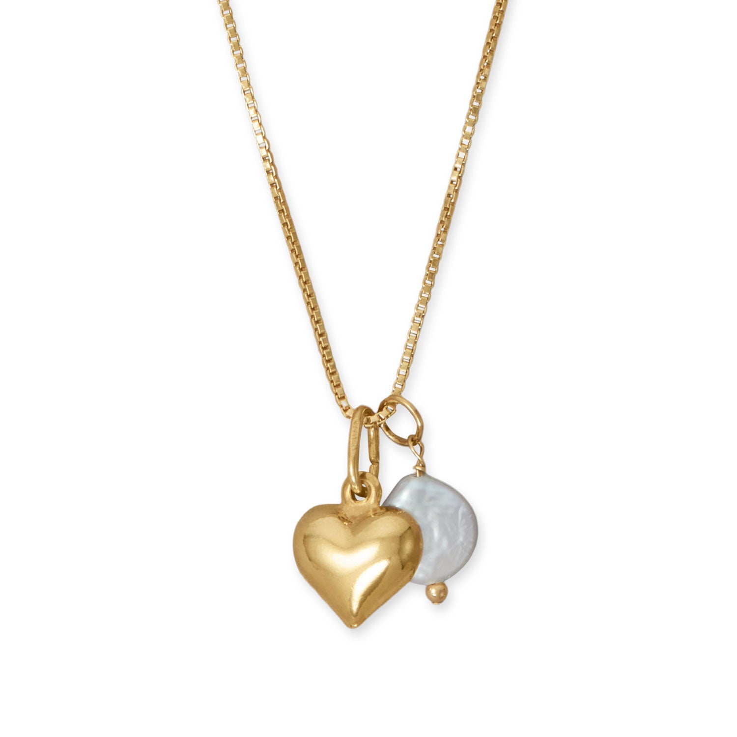 18" 14 Karat Gold Plated Puffy Heart and Cultured Freshwater Coin Pearl Necklace