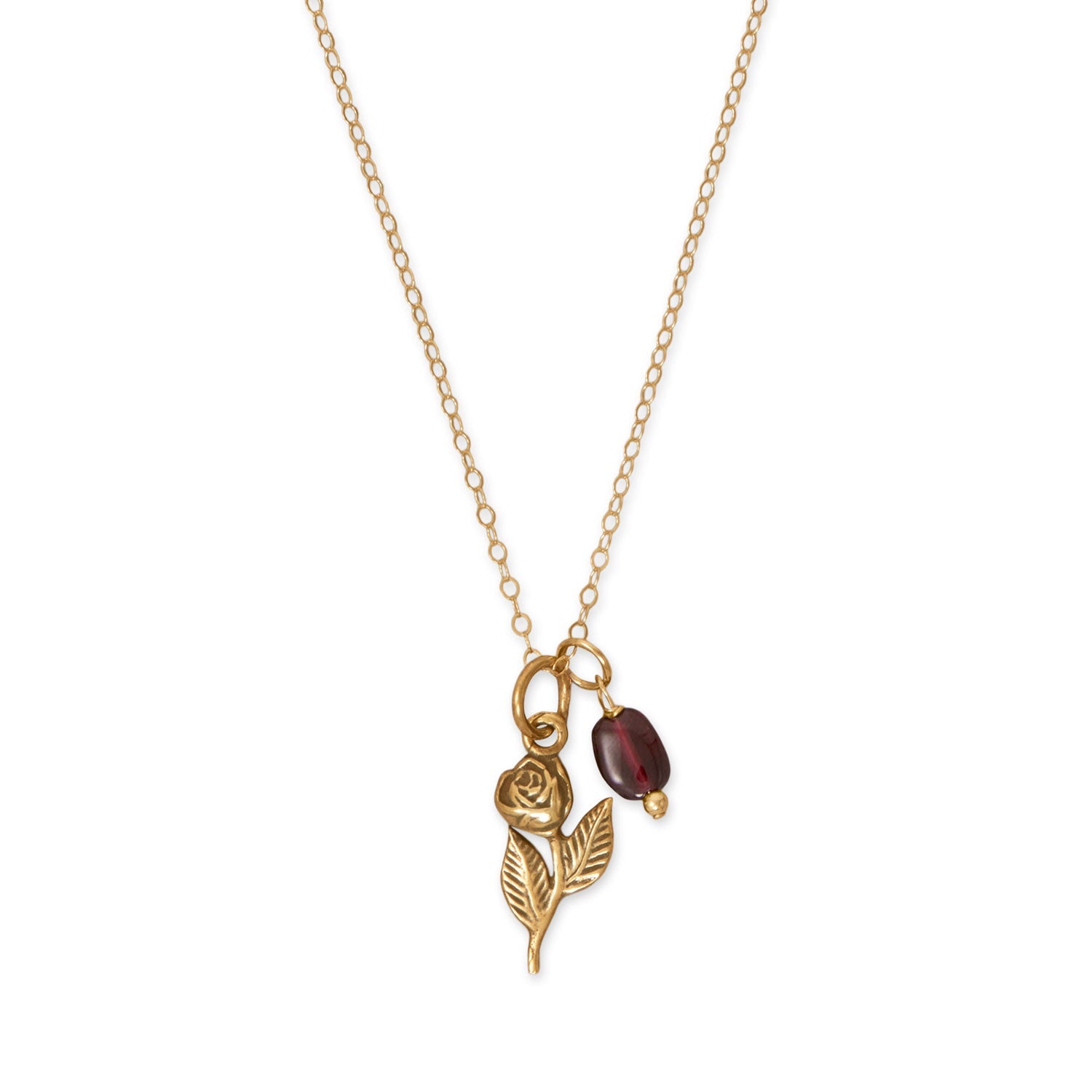 18" 14 Karat Gold Plated Rose and Garnet Gem Drop Necklace