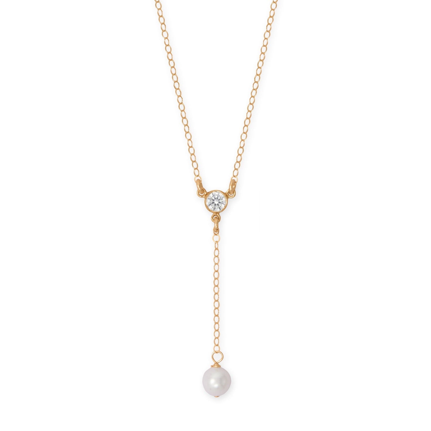 16" + 2" 14/20 Gold Filled CZ and Pearl Y Drop Necklace