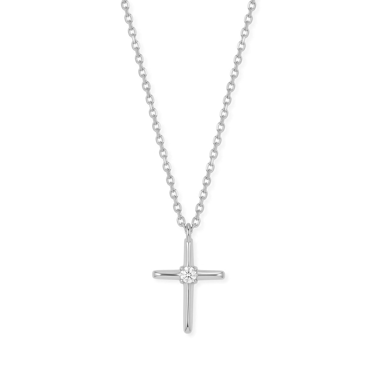 16" + 2" Rhodium Plated Lab Grown Diamond Cross Necklace