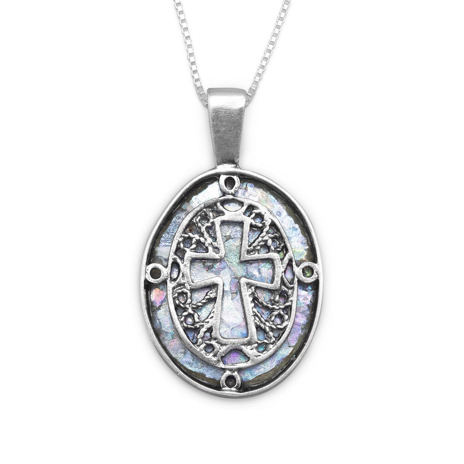 18" Oval Ancient Roman Glass Cutout Cross Necklace