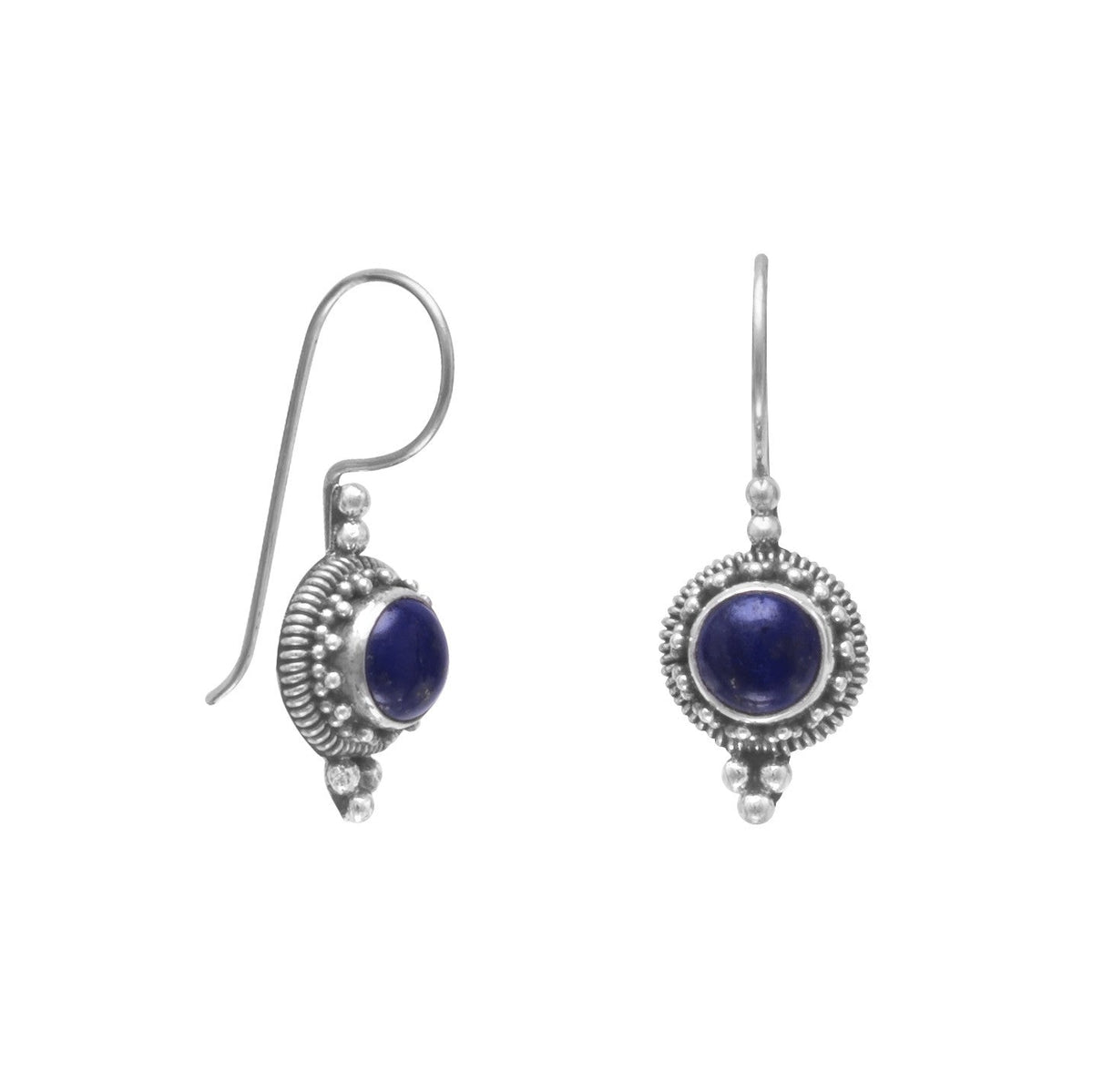 Oxidized Lapis Bead and Rope Edge Bali Earrings