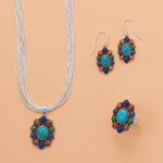 Oxidized Oval Multi Stone Flower Pendant