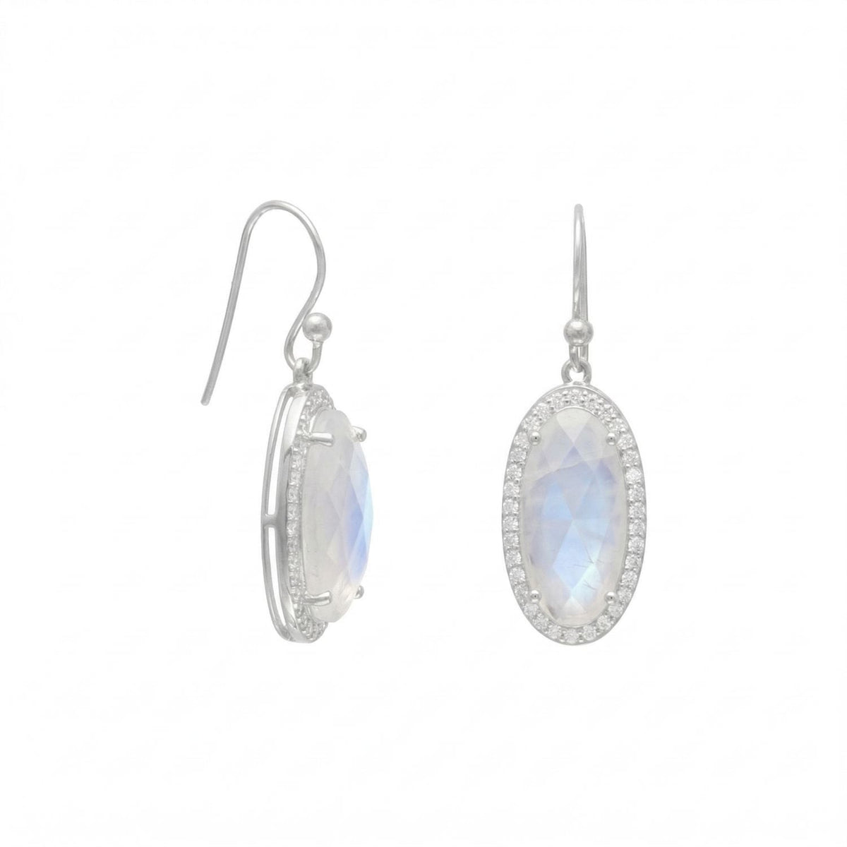 Oblong Rainbow Moonstone Earrings with CZ Edge