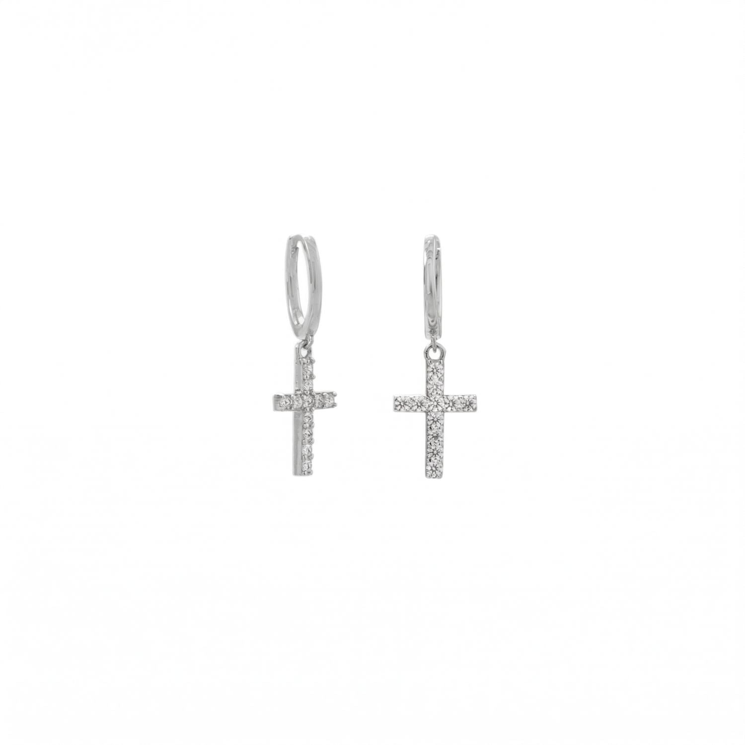 Rhodium Plated Hoop Earrings with CZ Cross
