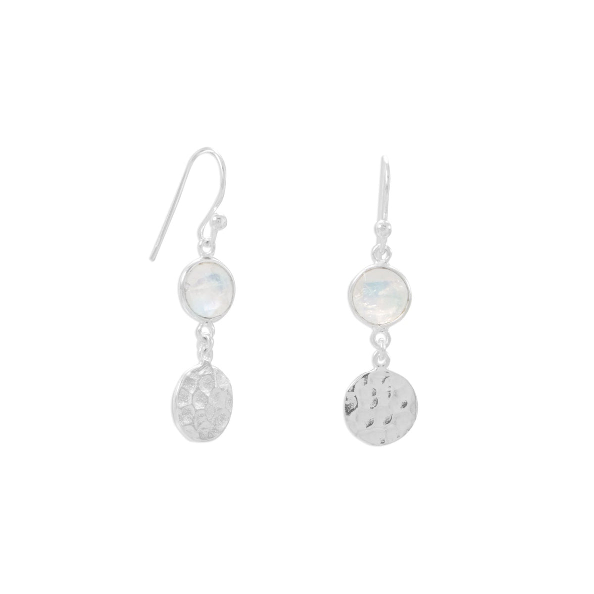 Polished Hammered Disc Rainbow Moonstone French Wire Earrings