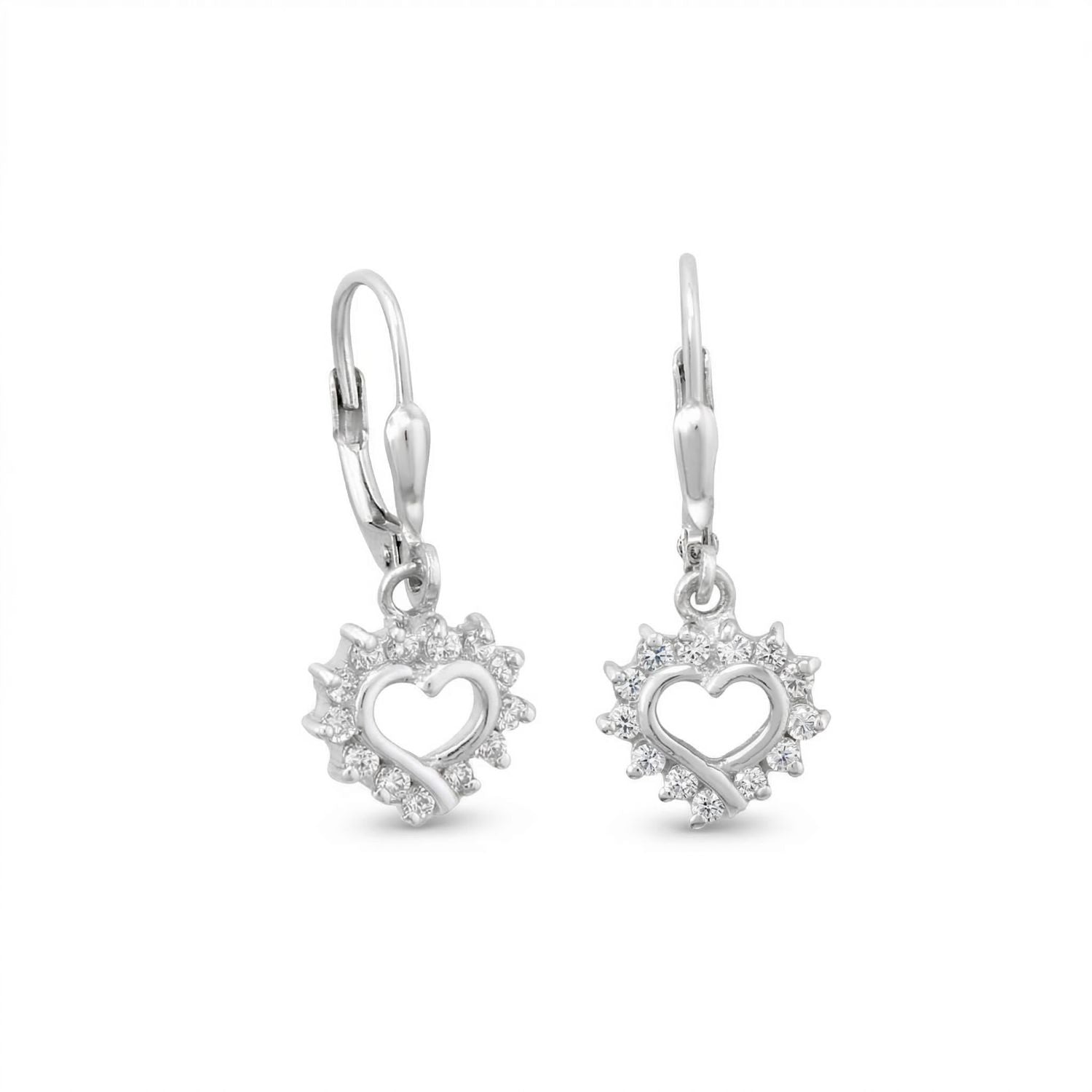 Rhodium Plated Cutout CZ Heart Lever Earrings