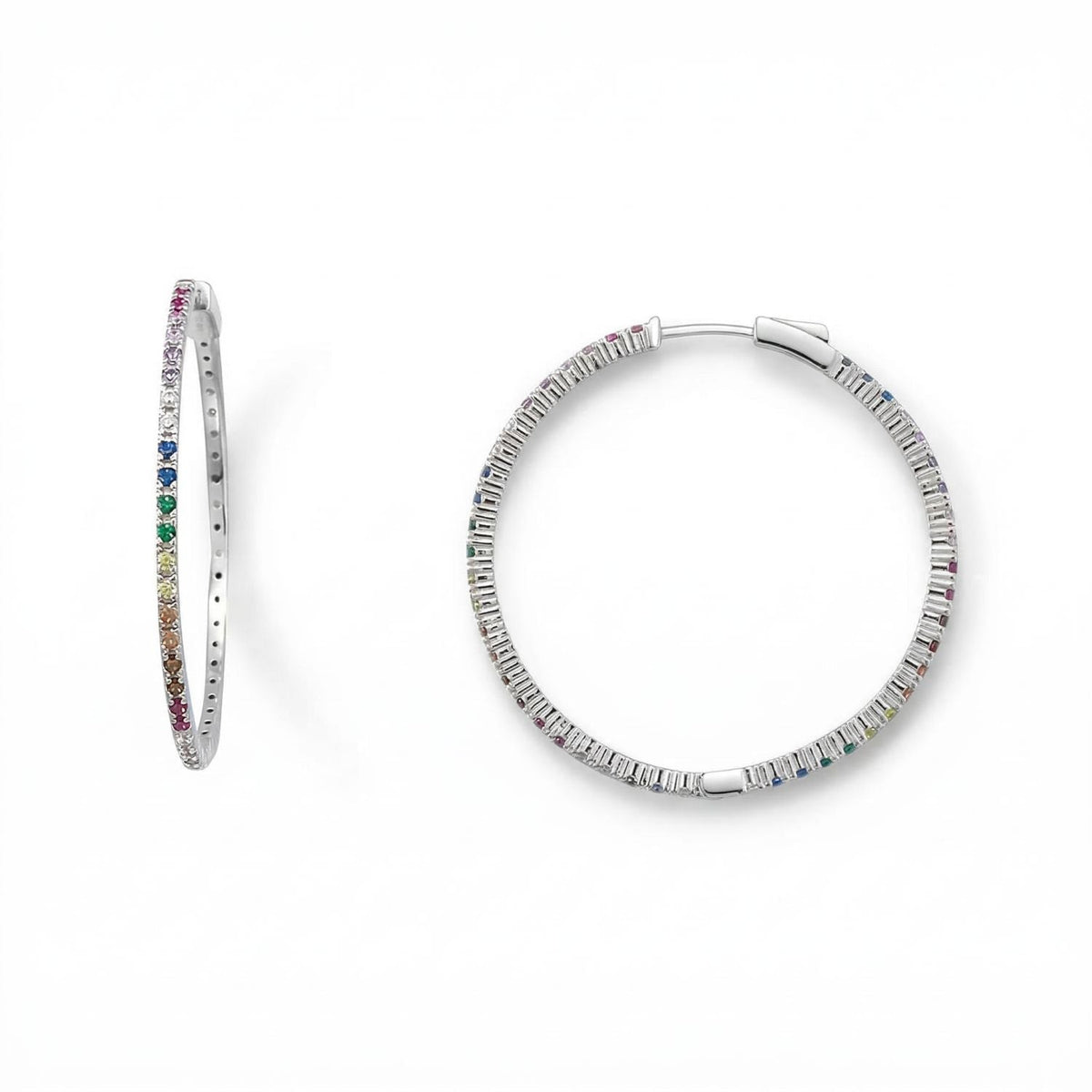 Rhodium Plated Multicolor CZ 40mm Hoop Earrings