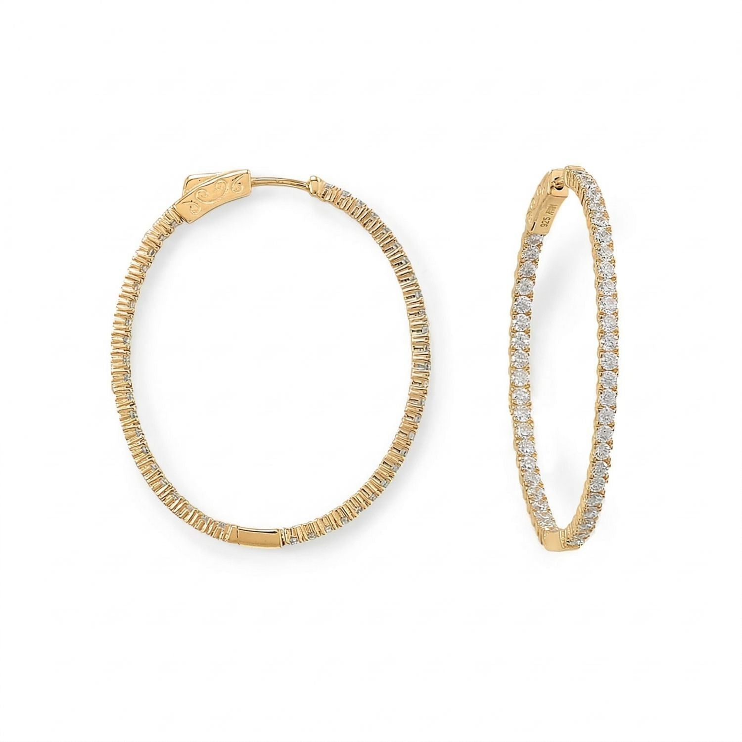 14 Karat Gold Plated Oval In/Out CZ Hoop Earrings