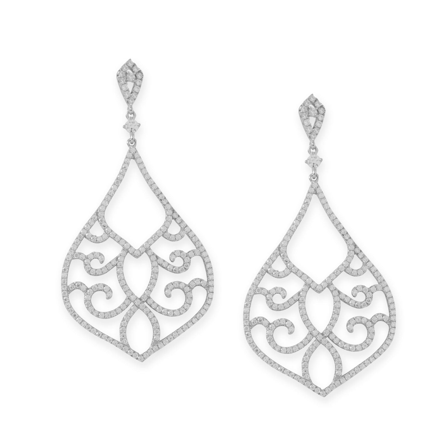 Rhodium Plated Ornate CZ Raindrop Post Earrings