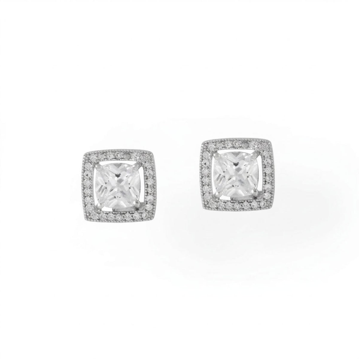 Rhodium Plated Square CZ with Halo Stud Earrings