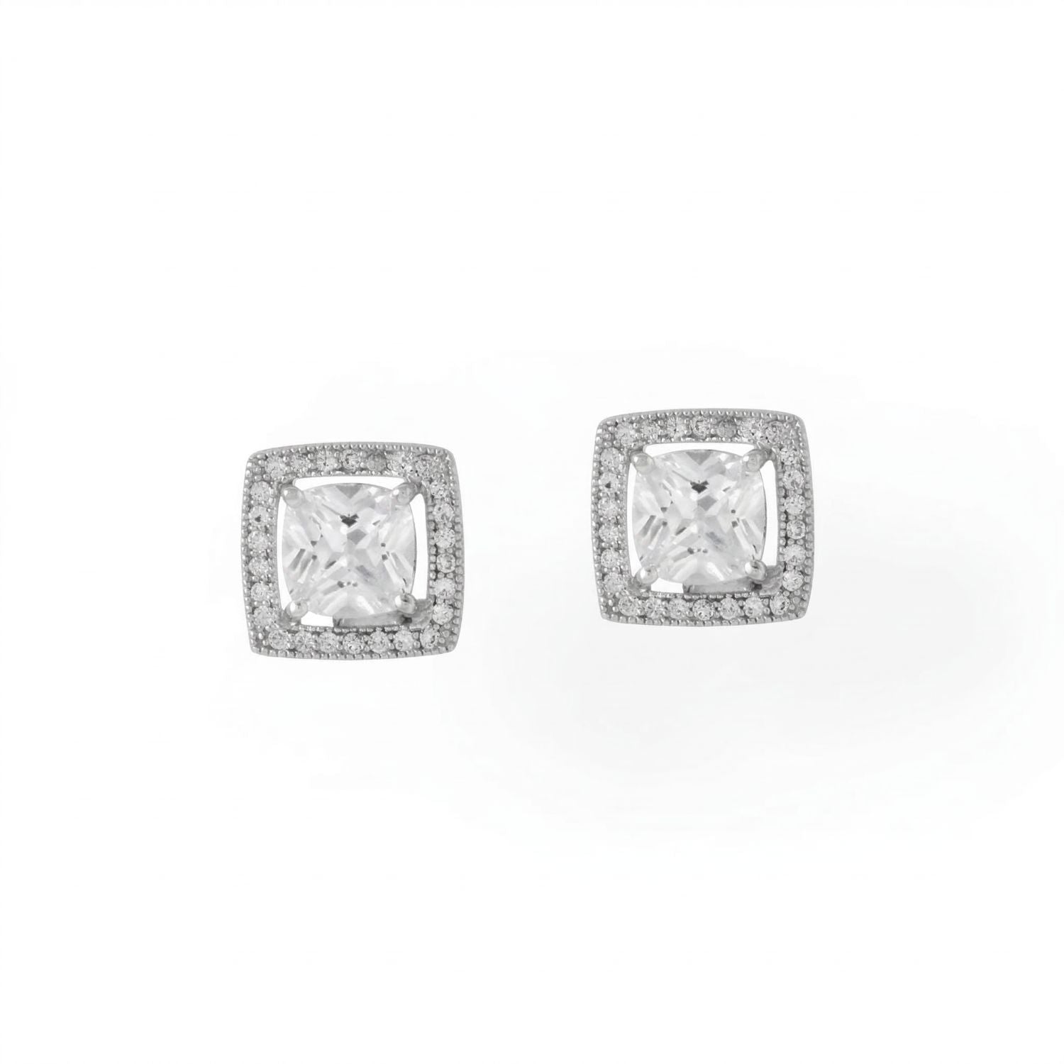 Rhodium Plated Square CZ with Halo Stud Earrings