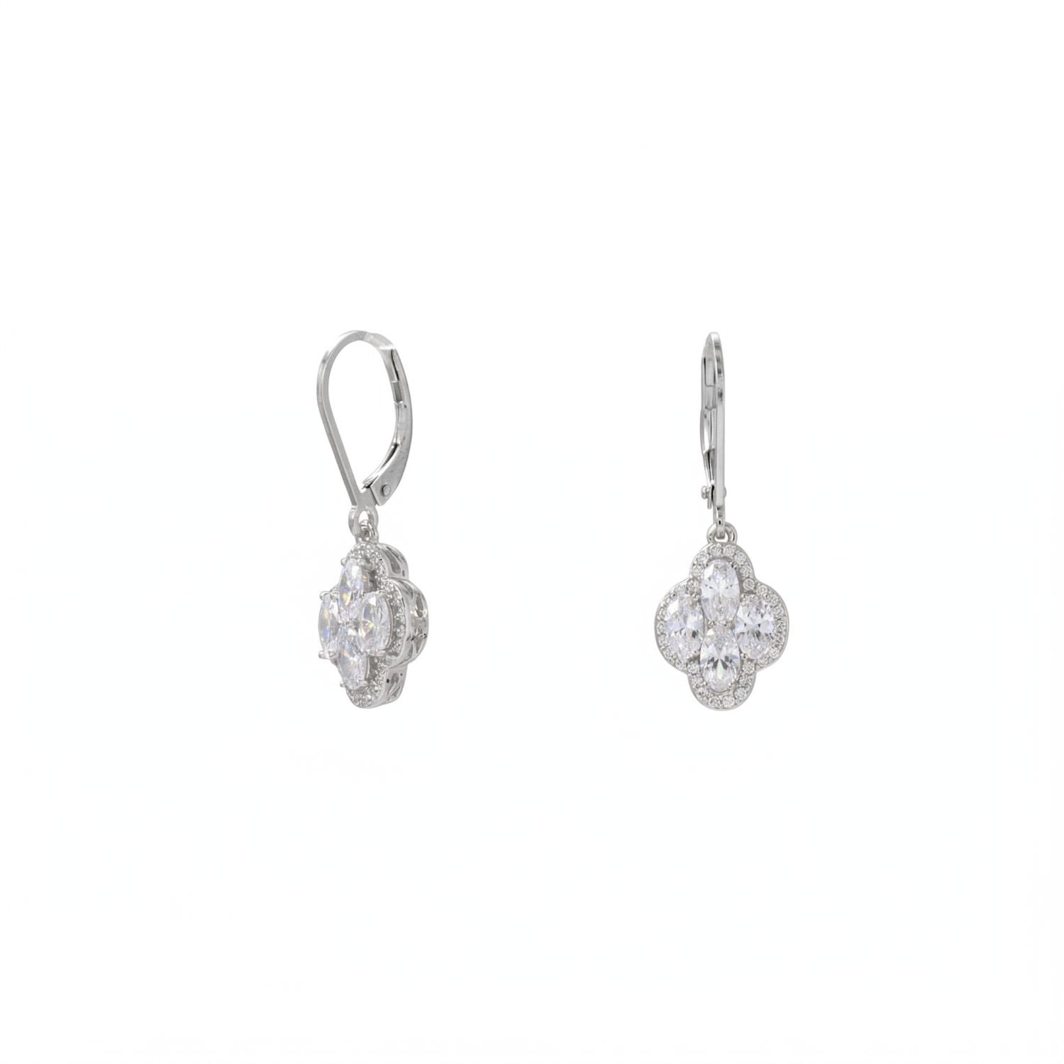 Rhodium Plated 4 Oval CZ Lever Earrings