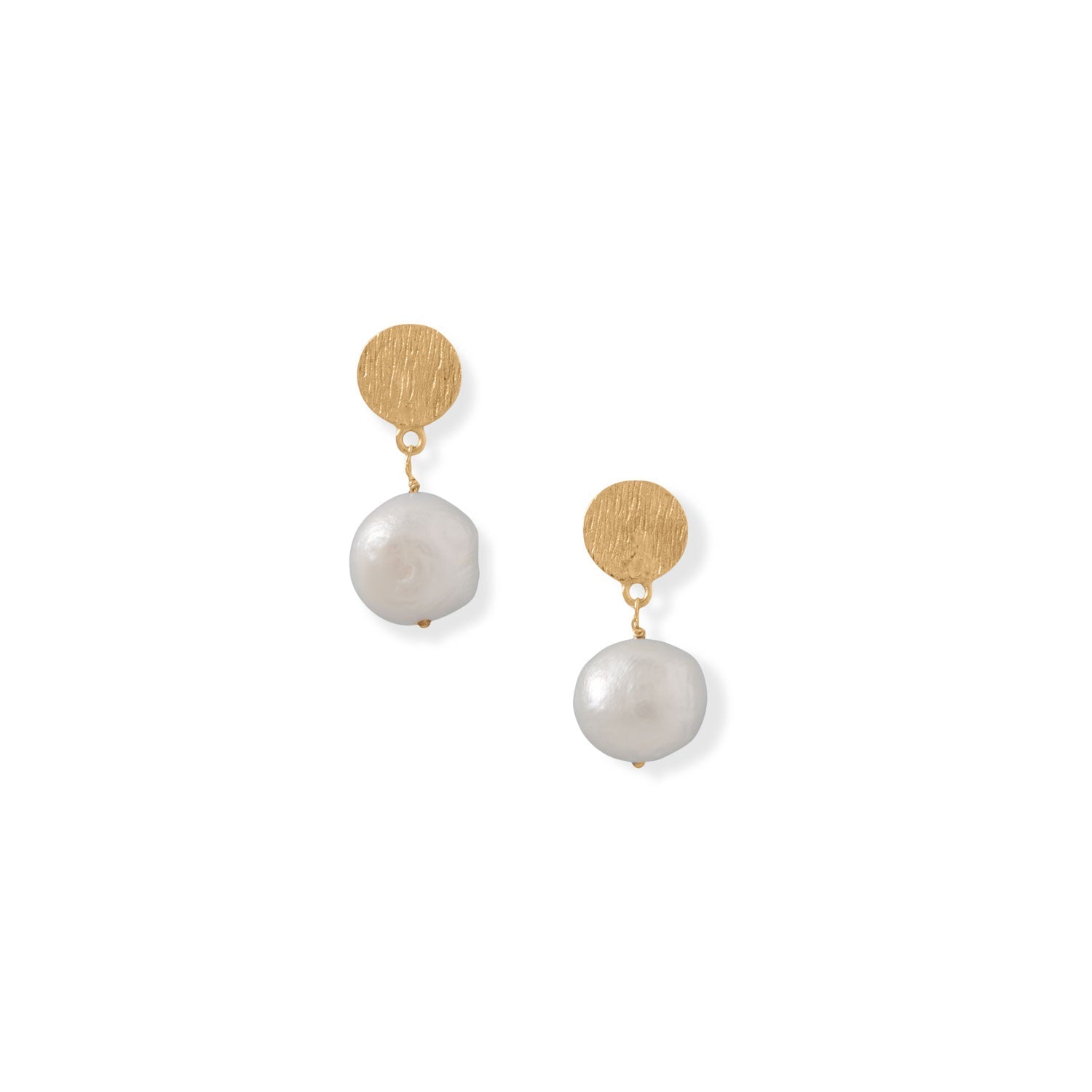 14 Karat Gold Plated Disc and Cultured Freshwater Pearl Drop Earrings