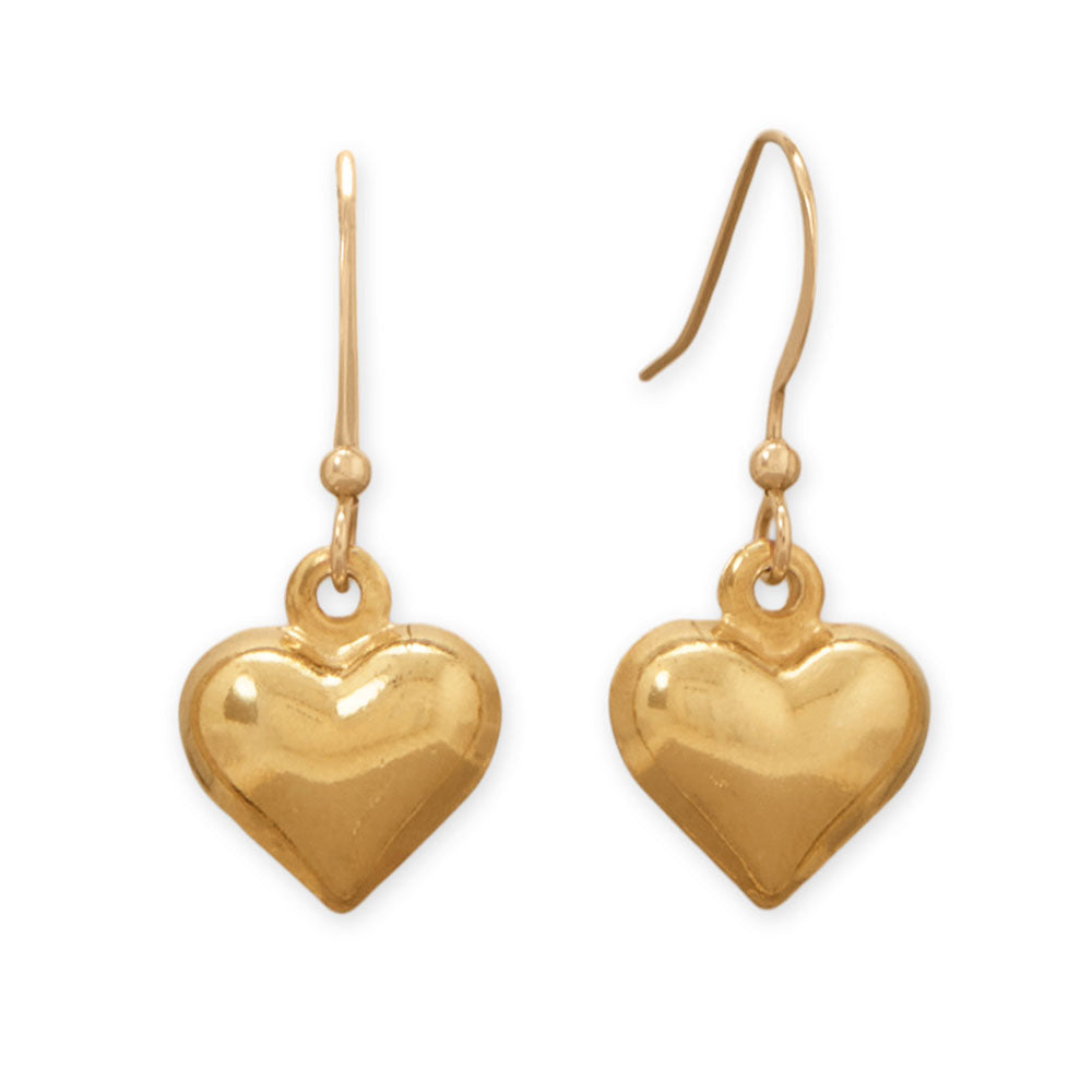 14 Karat Gold Plated Puffy Heart French Wire Earrings