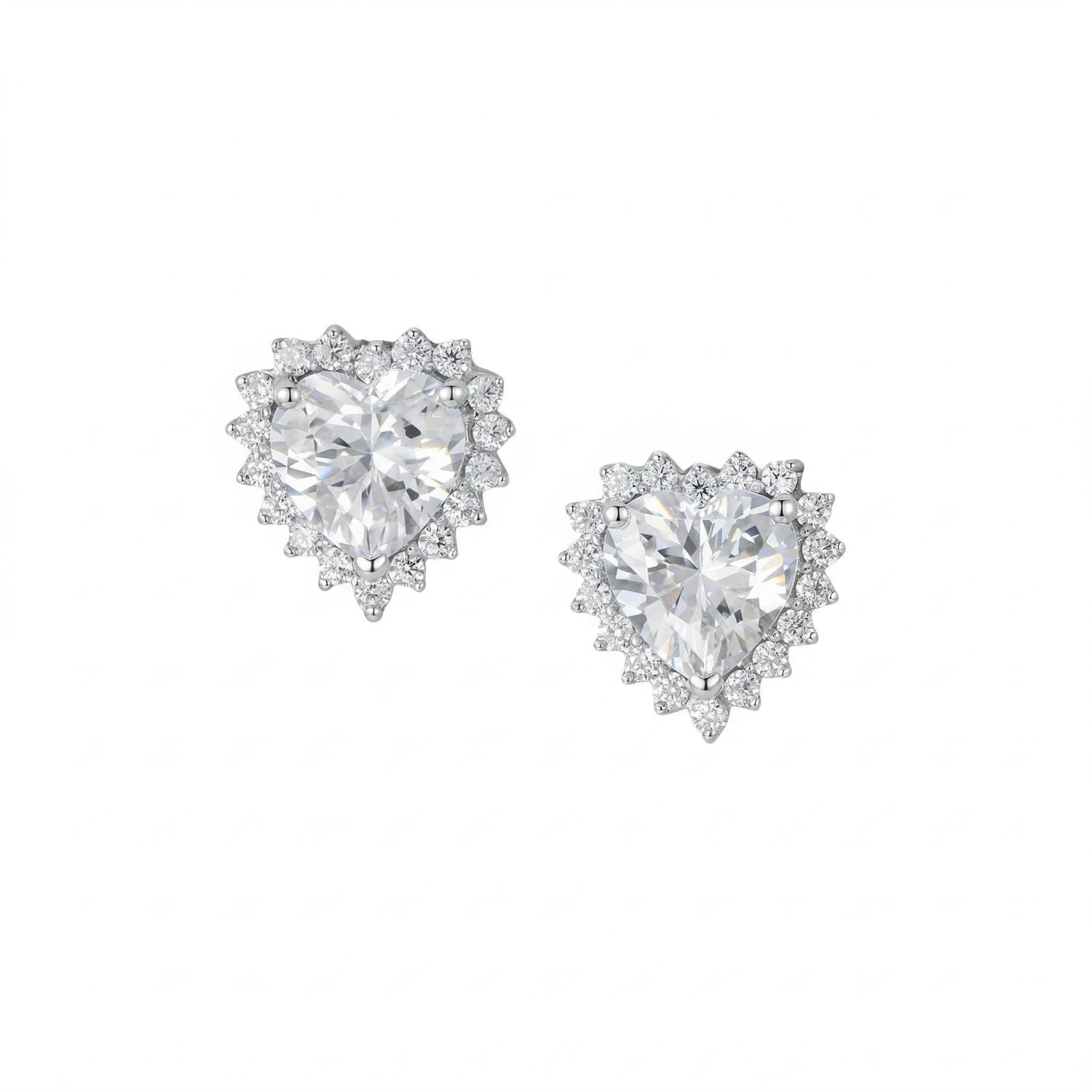 Rhodium Plated CZ Heart Halo Stud Earrings