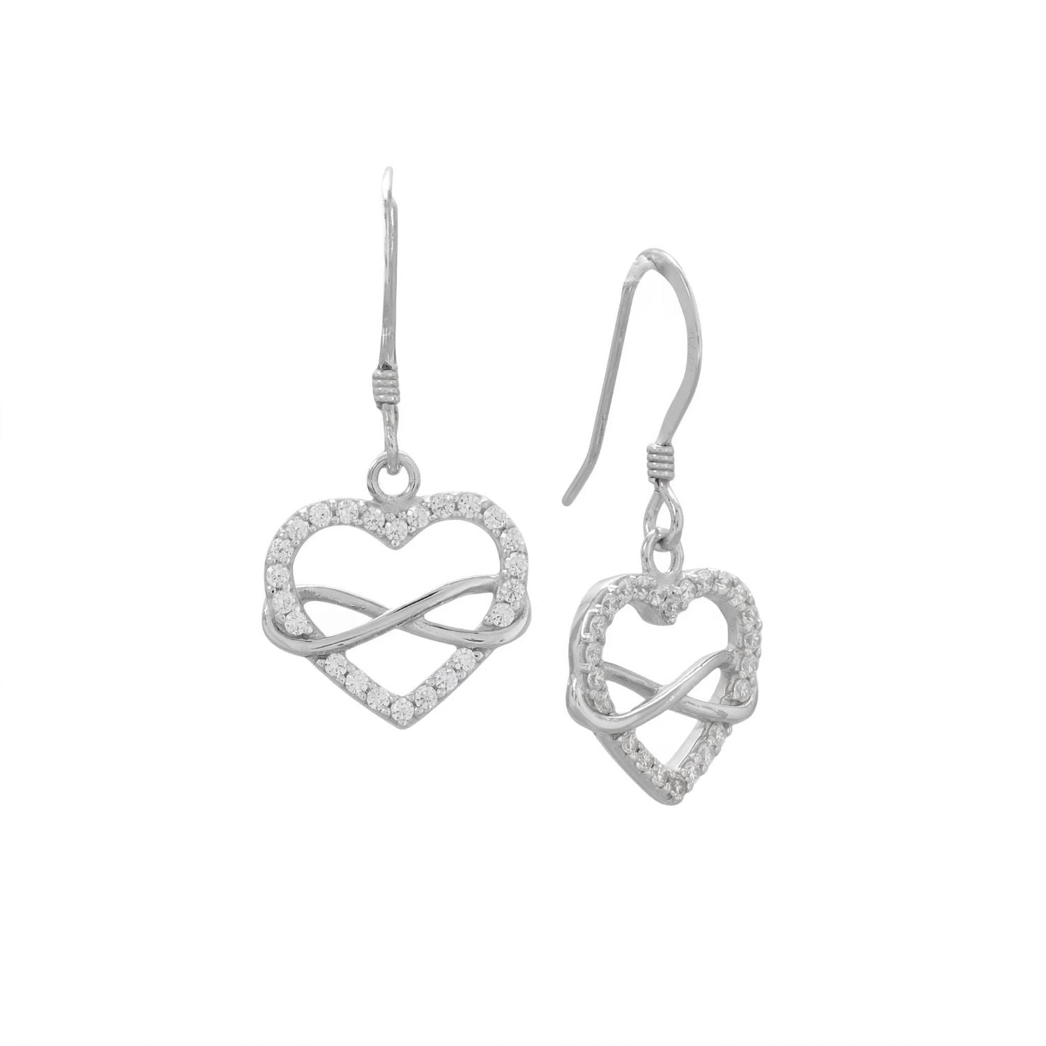 Rhodium Plated CZ Heart and Infinity French Wire Earrings