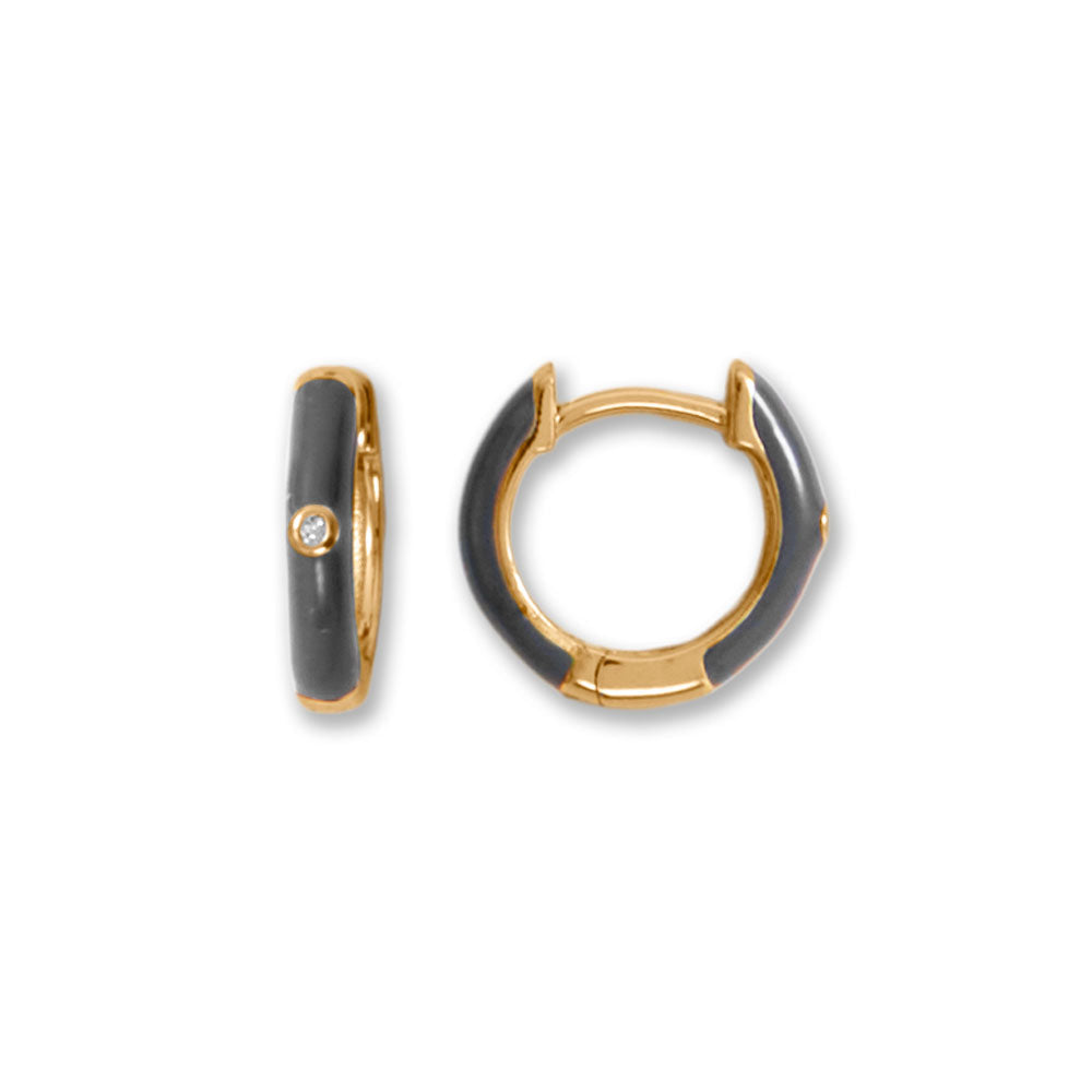 14 Karat Gold Plated Grey Enamel and CZ Hoop Earrings