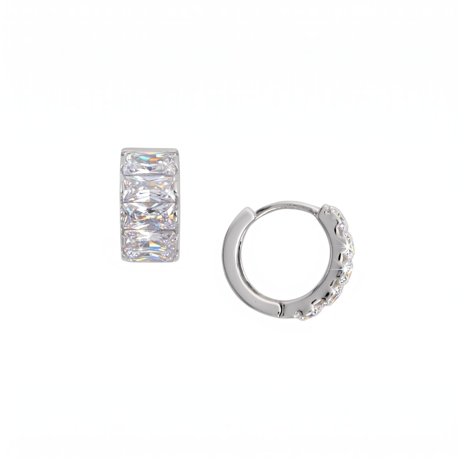 Rhodium Plated Baguette CZ Chunky Hoop Earrings
