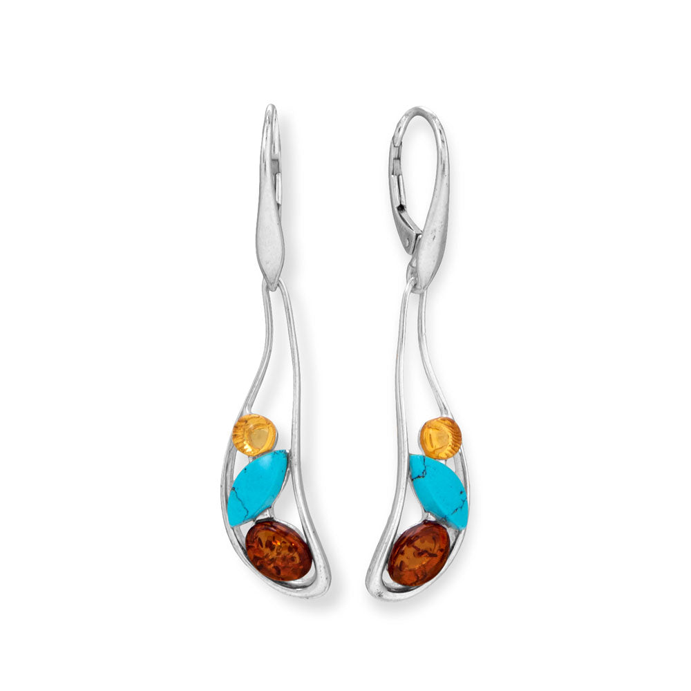 Oblong Multicolor Amber and Turquoise Lever Earrings