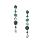 Rhodium Plated Green Multi Stone Long Drop Earrings