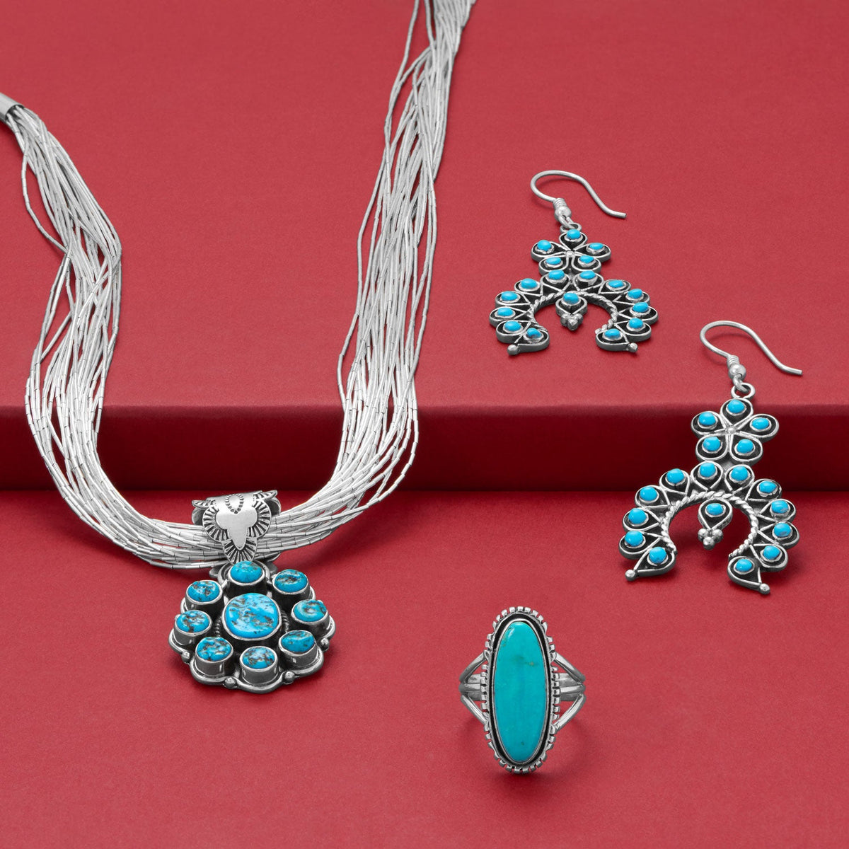 Handmade Oxidized Turquoise Flower and Horseshoe Drop Earrings