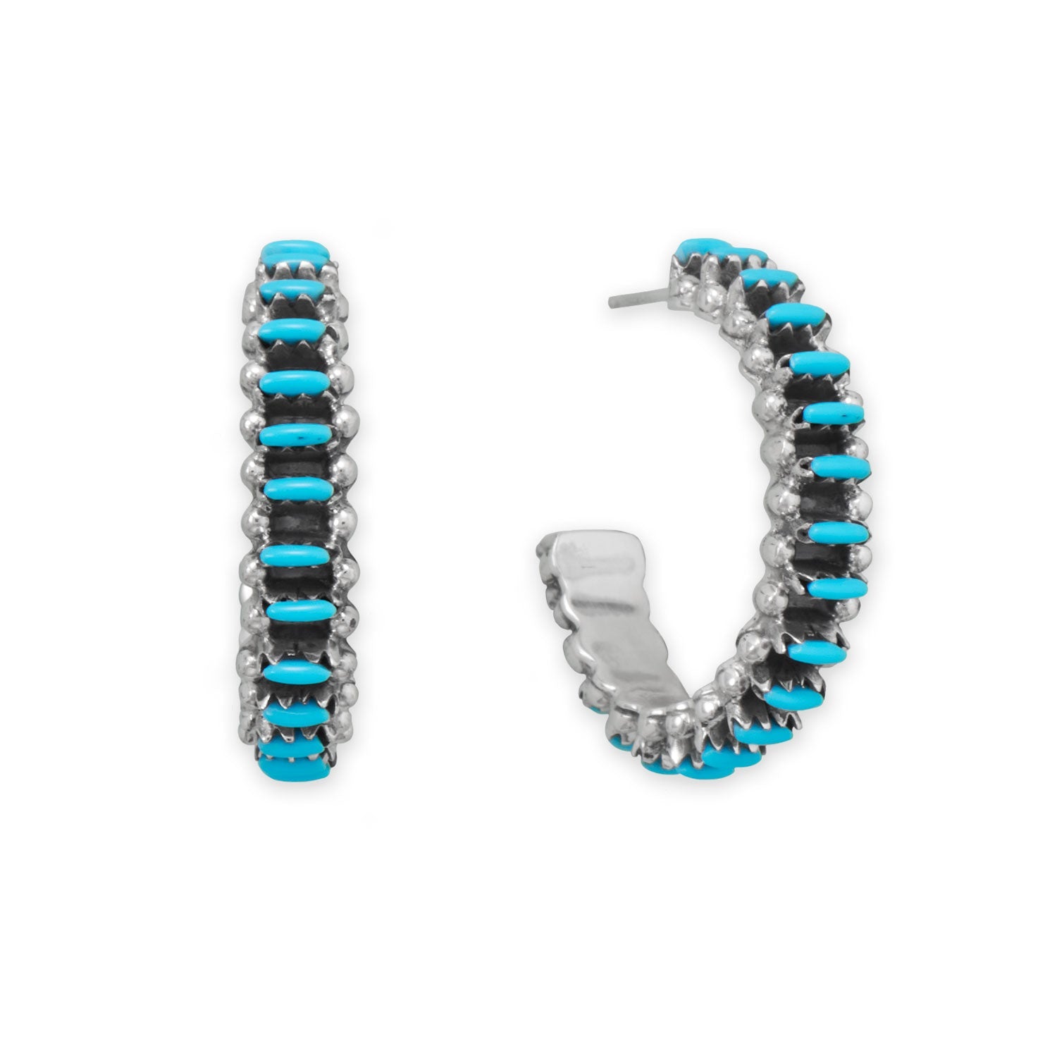 Handmade Oxidized Turquoise Studded 3/4 Hoop Earrings