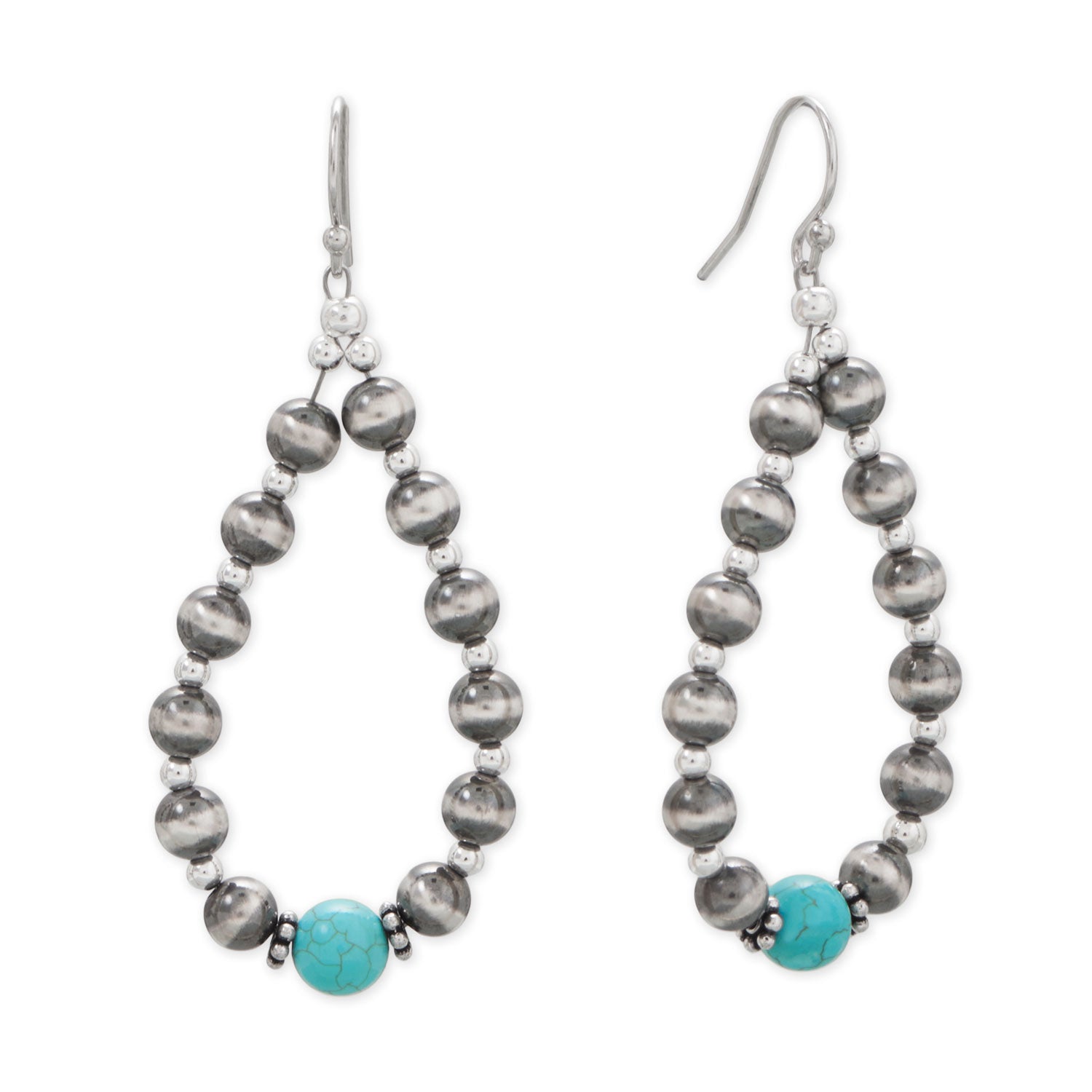 Turquoise and Oxidized Bead Pear Outline Earrings