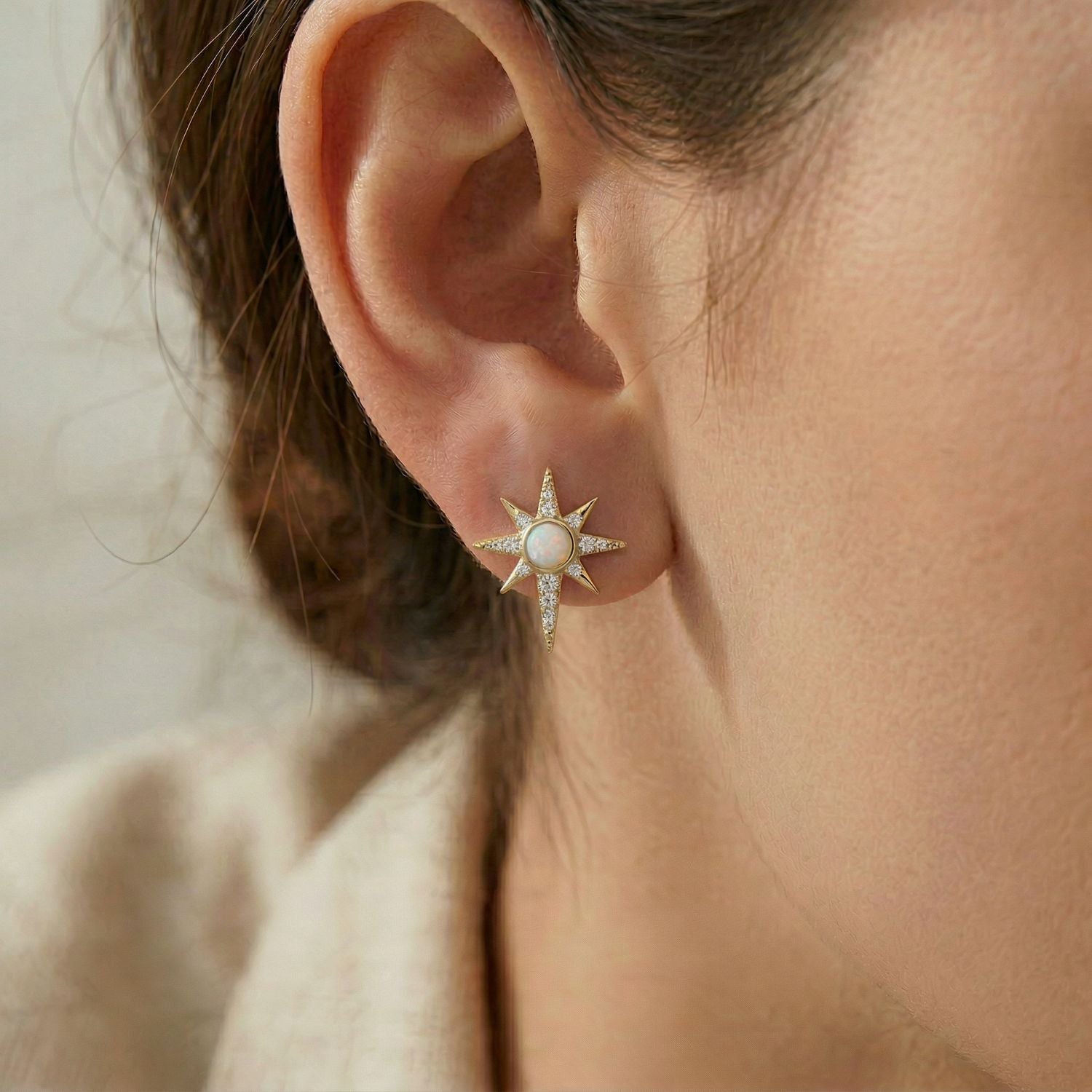 14 Karat Gold Plated Synthetic Opal and CZ Northern Star Stud Earrings