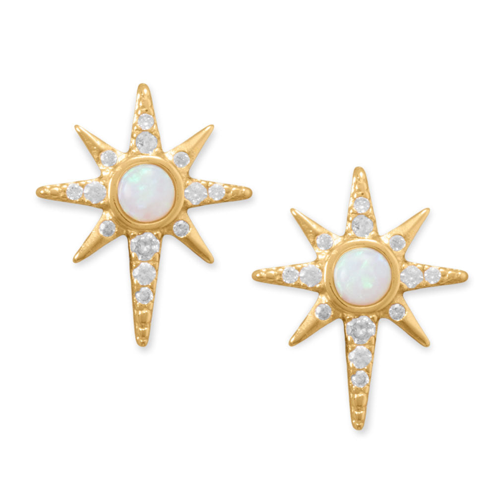 14 Karat Gold Plated Synthetic Opal and CZ Northern Star Stud Earrings