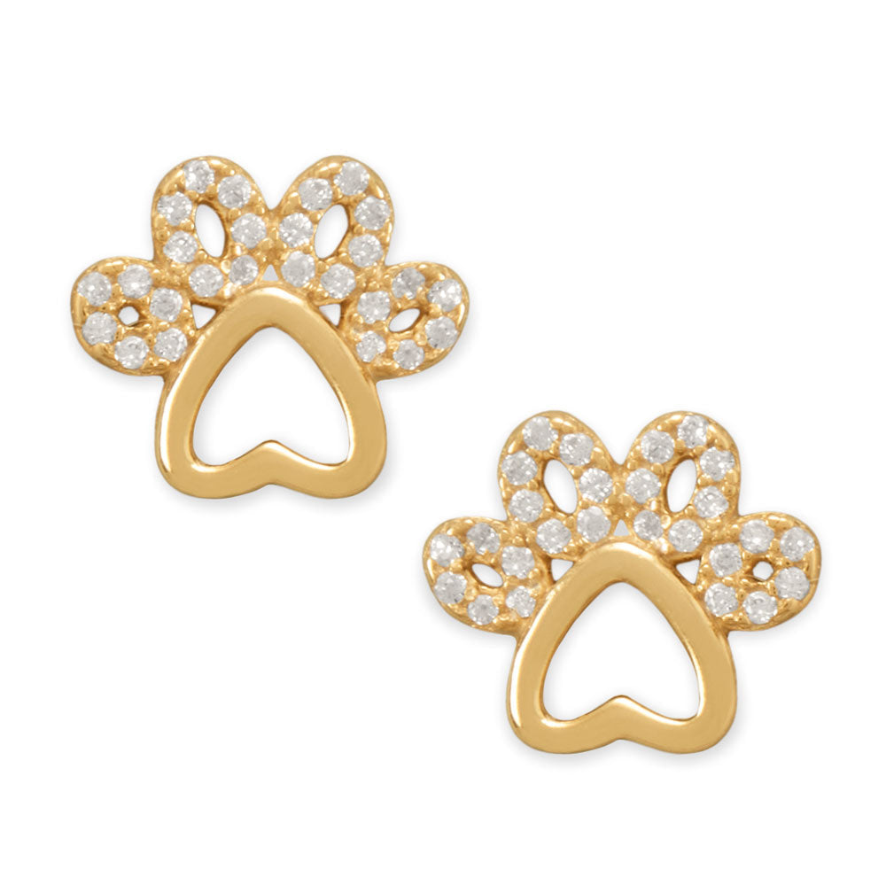 14 Karat Gold Plated CZ Lined Paw Print Stud Earrings