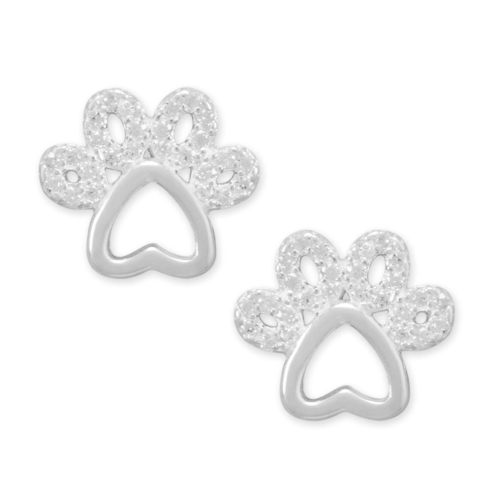 Polished CZ Lined Paw Print Stud Earrings