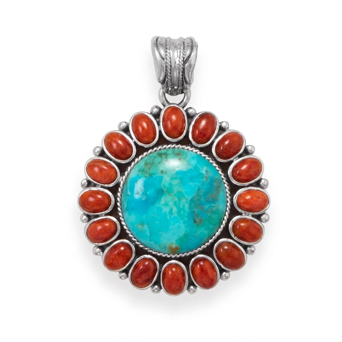 Reconstituted Turquoise and Coral Sunburst Pendant