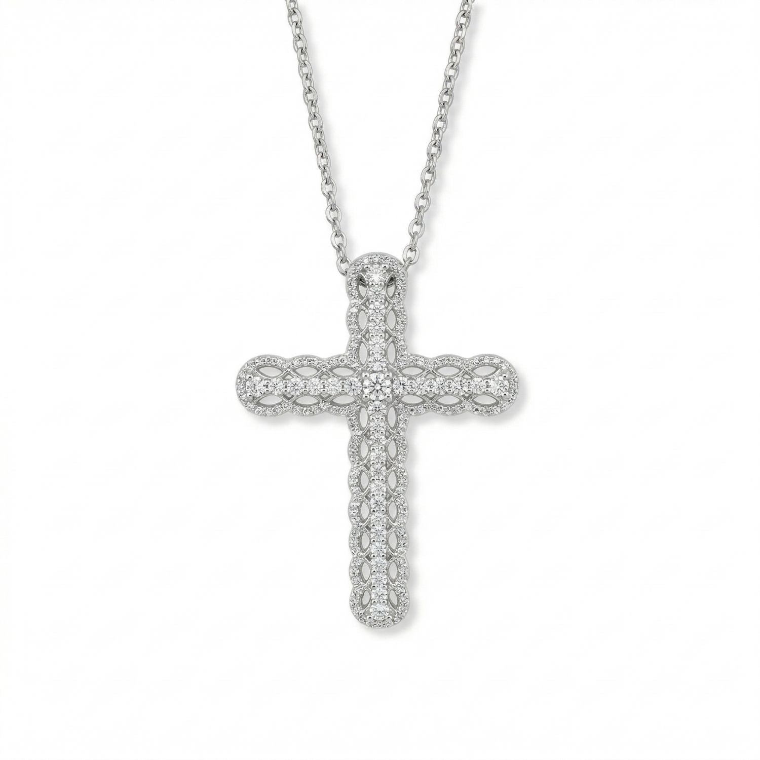 Rhodium Plated Ornate CZ Cross Slide