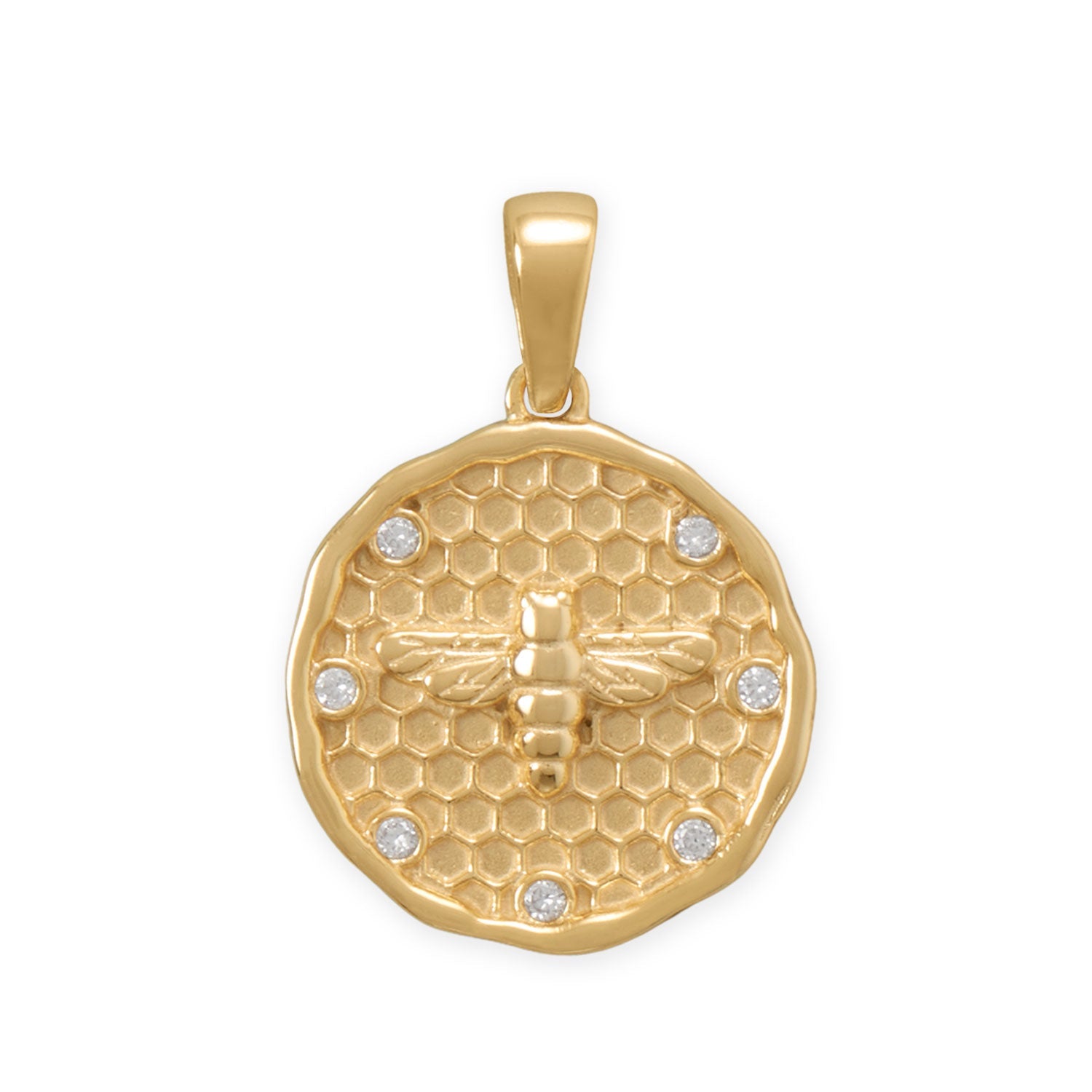 14 Karat Gold Plated Honeycomb, Bee and CZ Pendant