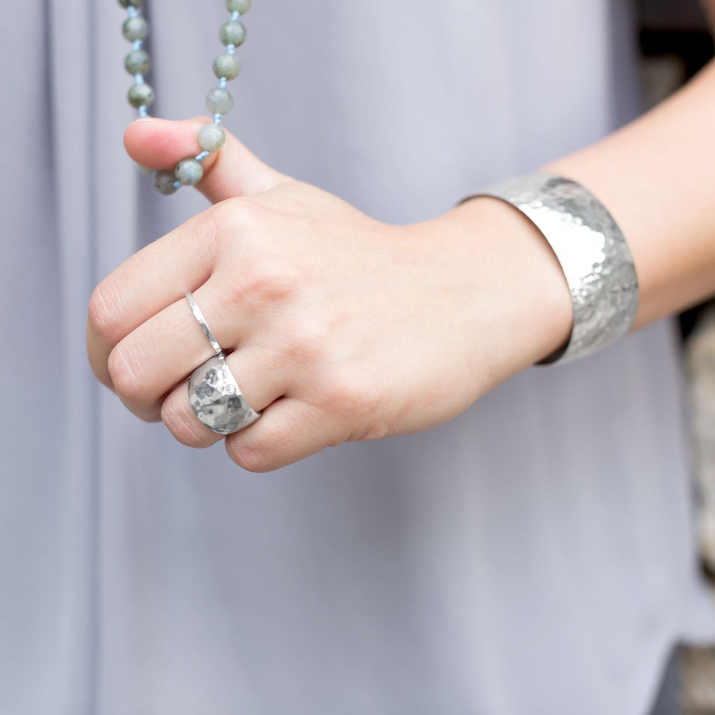 Thin Polished Hammered Band Ring