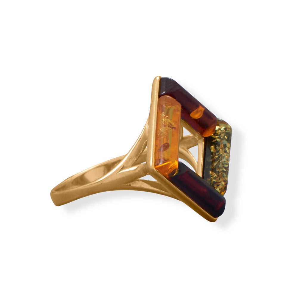 24 Karat Gold Plated Square Multicolor Baltic Amber Ring
