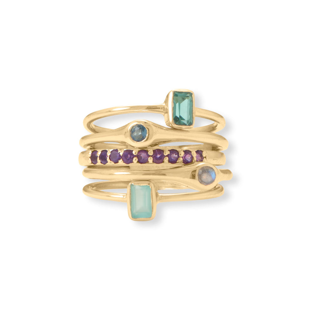 Life in Color! 14 Karat Gold Plated Five Ring Set